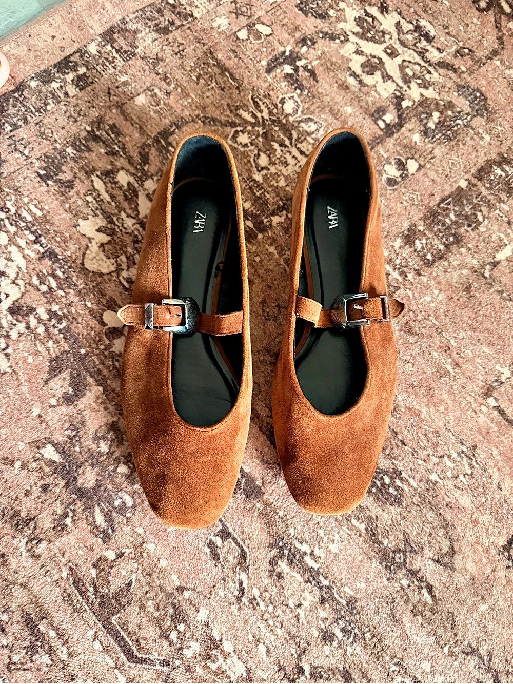 ZARA Suede Ballet Flats with Buckle Brown
